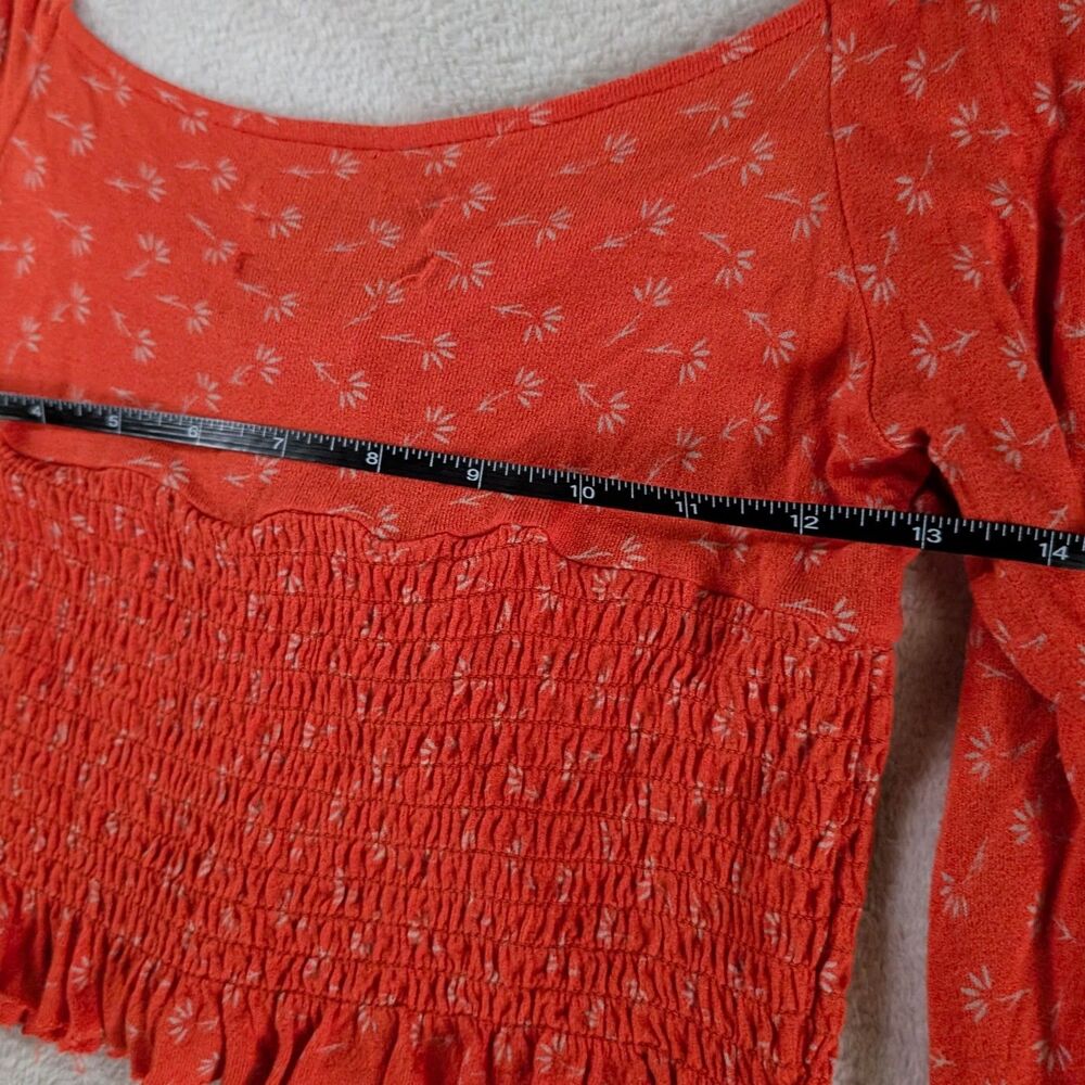 Floral Cropped Long Puff Sleeve Blouse Women's Medium Coral Orange Ditsy Print - Picture 6 of 7